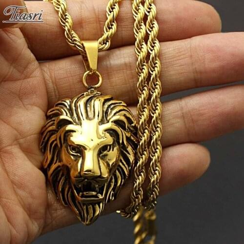 Tiasri Steampunk Style Jewelry Lion Head Pendant Necklace For Men Gold Color Twisted Rope Chain Stainless Steel Choker Wholesale