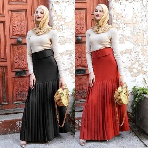 Fashion Womens big swing pleated Long Skirt Princess Elegant Modest Muslim Bottoms longer Party Islamic Clothing with belt F994