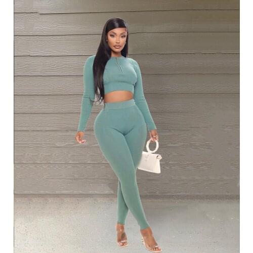 Womens Suit2021 Autumn New Fashion Solid Color Casual Sexy Small Zipper Pullover Long-Sleeved Trousers Two-Piece Suit