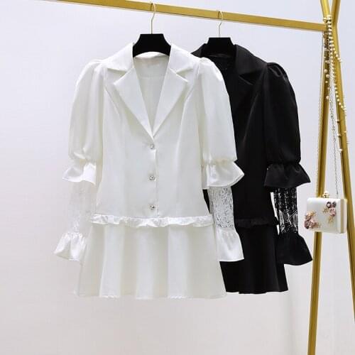 Autumn and winter new style temperament Puff long sleeve Short Dress women Patchwork lace slim Ruffled Blazer dress