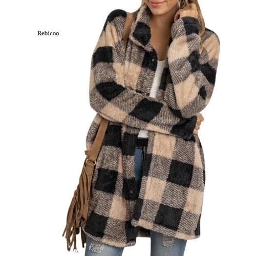 Womens Coat Casual Plush Long Sleeve Color Contrast Plaid Single-Breasted Jacket Mid-Length Vintage Overcoat Winter New