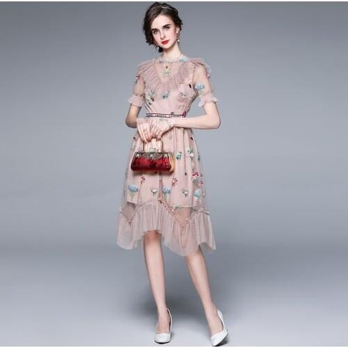 Summer Dress Women Round Neck Short Sleeve Office Lady Mesh Sexy Dress Ruffled Embroidery Floral Princess Style Midi Dress