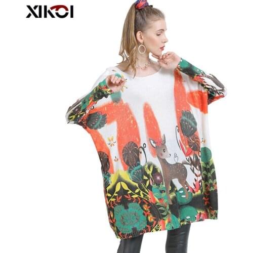 XIKOI Winter Oversized Sweaters For Women Warm Long Pullover Dresses Fashion Cute Deer Print Jumper Knitted Sweaters Pull Femme