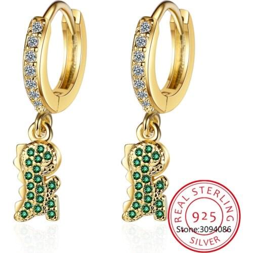 100% Real 925 Sterling Silver Animal Cute Dinosaur Swing Drop Earrings Fashion Clear CZ Dangle Ear For Women Fine Jewelry