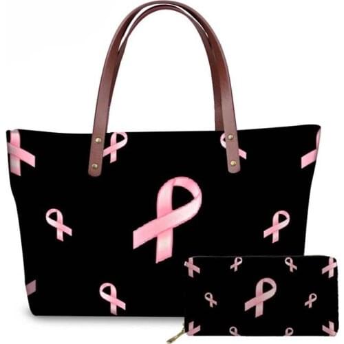 NOISYDESIGNS 2Pcs/set Women Handbags&Wallet Breast Cancer Awareness Printing Large Shoulder Bags Ladies Top-Handle Bag Female