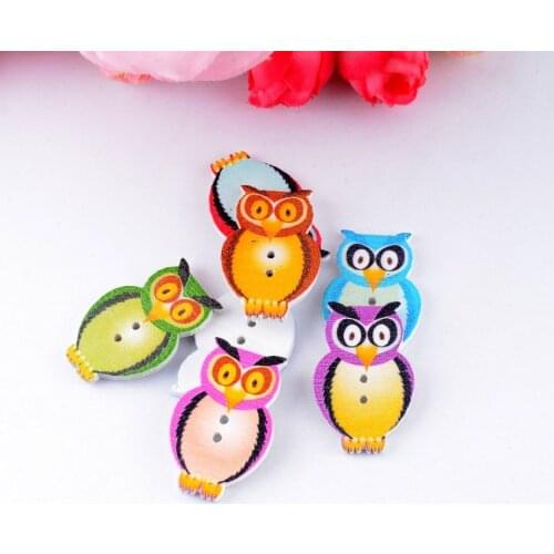 50Pcs Random Mixed Lovely Cartoon Owl Animal 2 Holes Multicolor Wood Sewing Buttons Scrapbooking 3.2x2cm