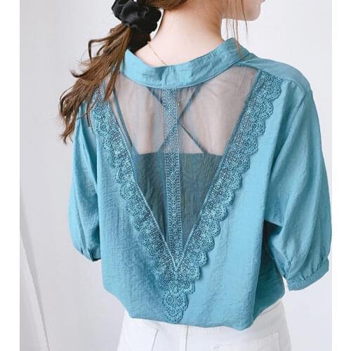 Blouse Women Back Lace Shirt Womens Short Sleeve V-neck Loose Shirt Blusas Ropa De Mujer