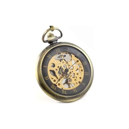 DHL Shipping Bronze No Cover Roman Dial Silver Skeleton Mechanical Pocket Watch with Chain Men Women Pocket Watches