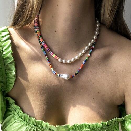 DIEZI Bohemian Ethnic Soft Clay Multicolor Acyrlic Beads Choker Necklace Women Fashion Pearl Chain Necklaces Sweet Girls Jewelry