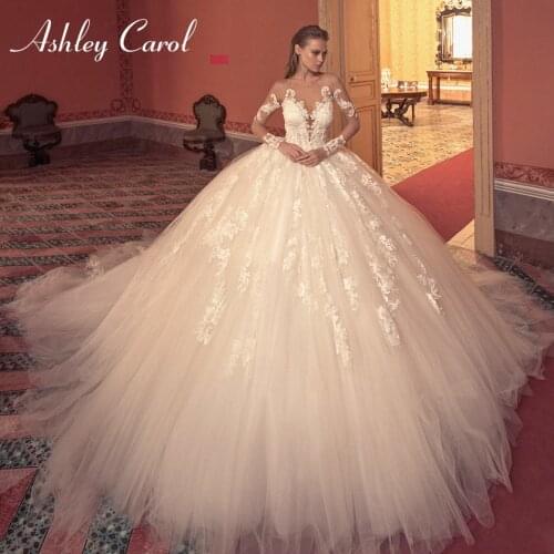 Ashley Carol Ball Gown Wedding Dress 2020 Long Sleeve Bridal Luxury Beaded Appliques Illusion Cathedral Princess Bride Dresses