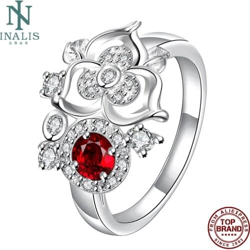INALIS Female Rings For Women Plant Flowers Shape Ring Inlay Red Zircon Exaggerated Luxury Prom Festival Gift Fashion Jewelry