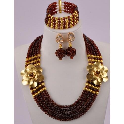 Brown African Jewelry Set Crystal Beads Necklaces Sets Nigerian Wedding Jewelry Sets