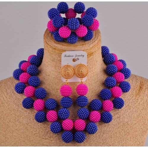 Royal blue and fuchsia pink fashion african beads jewelry set nigerian wedding necklace set FZZ109