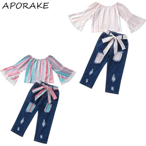 2021 2-6Y Fashion Kids Baby Girl Clothing Set Lace Striped Print Off Shoudler Flare Long Sleeve Top+Patch Denim Pants Fall 2pcs