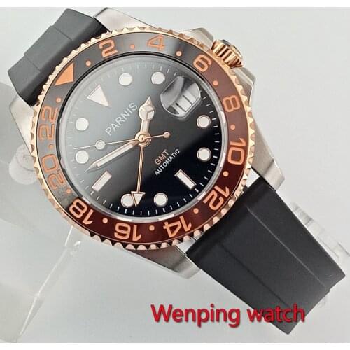 New arrive 40mm parnis black dial GOLDEN GMT ceramic bezel sapphire glass automatic Rubber strap mens watch W2703