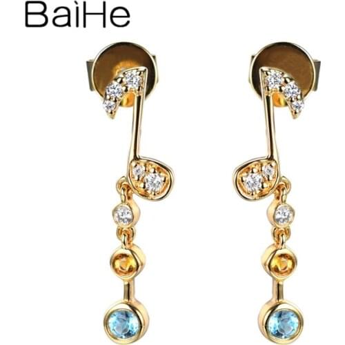 BAIHE Solid 14K Yellow Gold Diamonds Blue Topaz + yellow topaz Colored gems Earrings Girl Little Fresh Cерьги Cережки Engagement