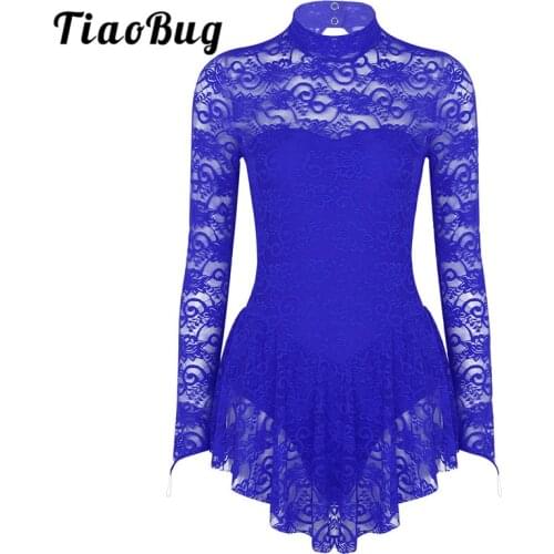 TiaoBug Adult Mock Neck Long Sleeve Soft Lace Ballet Gymnastics Leotard Women Figure Ice Skating Dress Competition Dance Costume