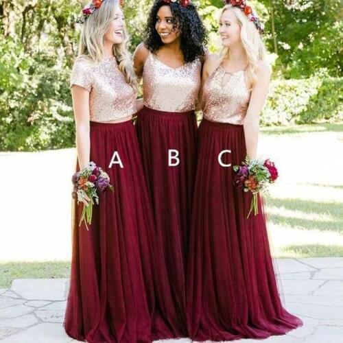 Simple custom made cheap long sequin and chiffon two piece set wedding bridesmaid dresses women party dresses 2019