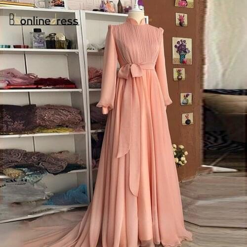Blush Pink Moroccan Prom Dress Caftan Chiffon Formal Gown Arabic Dubai Women Evening Dress robe de soiree Muslim Evening Dresses