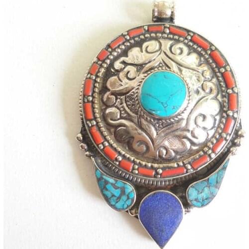TBP569 Tibetan Jewelry Nepal Vintage Pendant Copper Inlay Colorful Stone Pendants