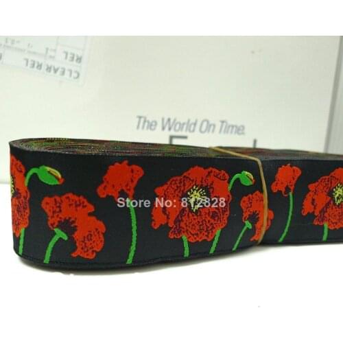 1-1/2'' 38mm Wide Poppy Flowers Black Tone European Jacquard Ribbon