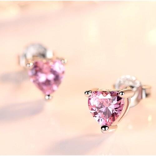 925 Sterling Silver Piercing Pink Zircorn Heart Stud Earring For Women Jewelry pendientes Oorbellen eh1103