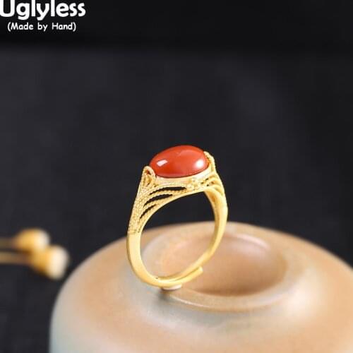 Uglyless Palace Design Luxury Vintage Gemstones Rings for Women Oval Agate Open Rings Gold 925 Sterling Silver Fashion Jewelry