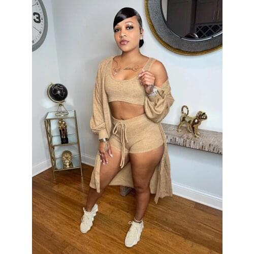 2021 Ins Internet Celebrity Famous Women Set 3Pcs Mini Top Solid Color Long Coat