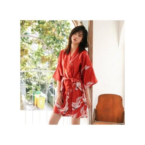 Daeyard Silk Satin Crane Print Short Kimono Bathrobe Self Belt Robe Half Sleeve Women Summer Dressing Gown Night Robe Sleepwear