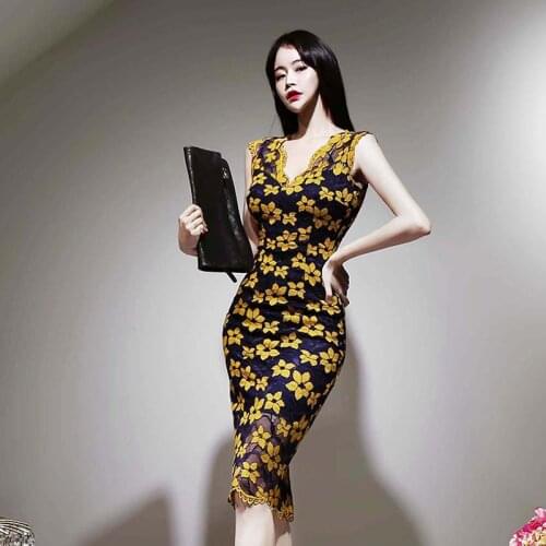New arrival fashion lace perspective dress women elegant summer vintage print beach temperament office lady slim pencil dress