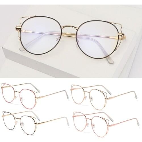 1PC Optical Eyeglasses Cat Ear Metal Round Frame Flat Mirror Eyewear Women Men Fashion Cute Ultralight Eyewear
