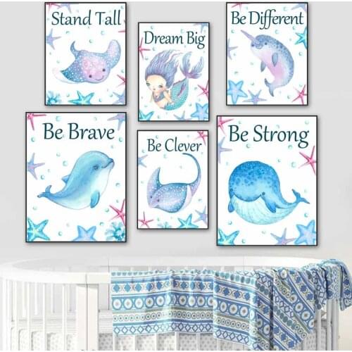 Watercolor Baby Room Dolphin Mermaid Starfish Wall Art Canvas Painting Nordic Posters And Prints Wall Pictures Kids Room Decor