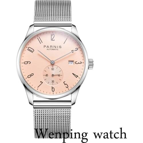 New Parnis 41.5MM Silver Stainless Steel Case Mechanical Automatic Mens Watches Calendar Mesh Strap Wristwatch Luxury Waterproof