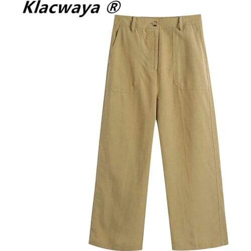 Klacwaya Women 2021 Fashion Side Pockets Loose-Fitting Straight Pants Vintage High Waist Zipper Fly Female Ankle Trousers Mujer