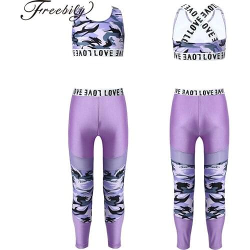 2Pcs Kids Dance Set Gymnastics Outfit Fitness Girls Running Sport Set Suit Shoulder Straps Sport Bra Top Mesh Patchwork Leggings