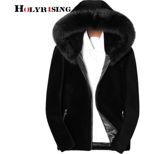 Men fox fur collar leather genuine jacket luxury male wool sheepskin coat soft hooded manteau fourrure homme slim band 19458