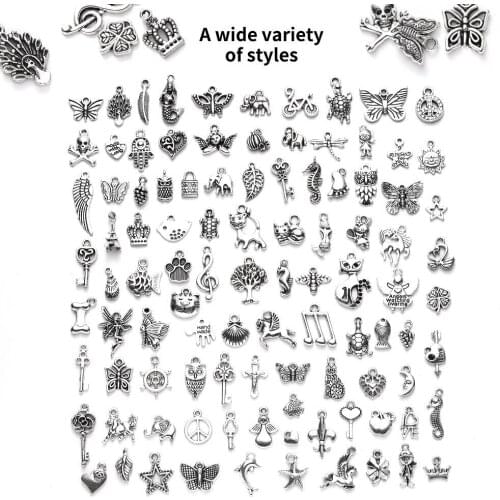 DIY Ornament Accessories Set 100 Alloy Vintage Small Pendant Bracelet Tibetan Silver Pendant earring making supplies