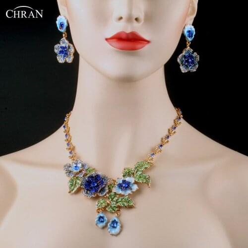 CHRAN Exquisite Enamel Flower Costume Wedding Jewelry Set Classic Gold Color Statement Bridal Necklace Earrings Set