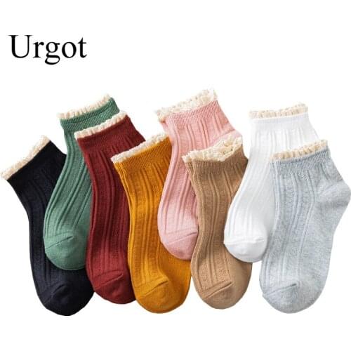 Urgot 4 Pairs Fashion Lace Ruffles Soft Cotton Women Socks Solid Color Spring Summer Cute Sweet Princess Girl Cozy Frilled Socks