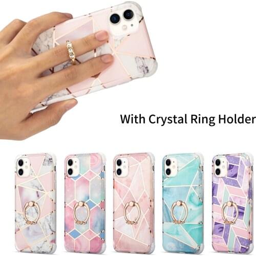 Nadege Luxury Diamond Ring Holder Cover For iPhone 12 mini 11Pro Max X XS XR 7 8 Plus Plating Line Geometric Marble Phone Case