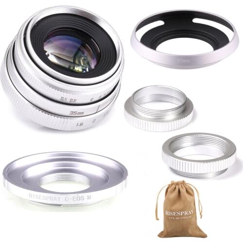 Silver Mini 35mm f/1.6 APS-C CCTV Lens+adapter ring+2 Macro Ring+lens hood for Canon EF-M EOSM Mirroless Camera M1/M3/M5
