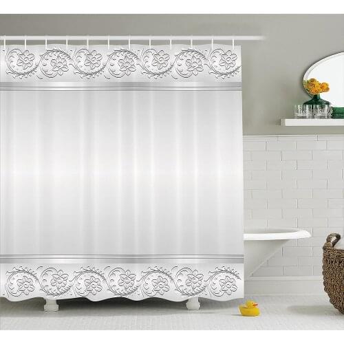 Silver Shower Curtain Vintage Style Floral Ornaments Flowers with Leaves Retro Classical Bridal Decorations Bathroom Curtains