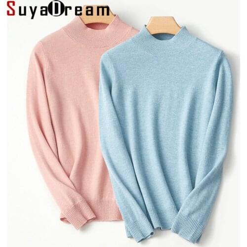 SuyaDream Women Winter Sweaters 100%Wool Mock Neck Plain Pullovers 2021 Fall Winter Basic Sweaters for Woman Pink Blue