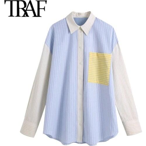 TRAF Women Fashion Patchwork Pockets Striped Loose Blouses Vintage Long Sleeve Button-up Female Shirts Blusas Chic Tops