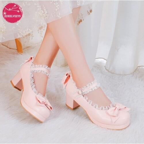 Lace Edge Lolita Shoes Women High Heels Non-Slip Straps Bow Cute Girls Princess Party Pumps Japan Students Cosplay Plus Size