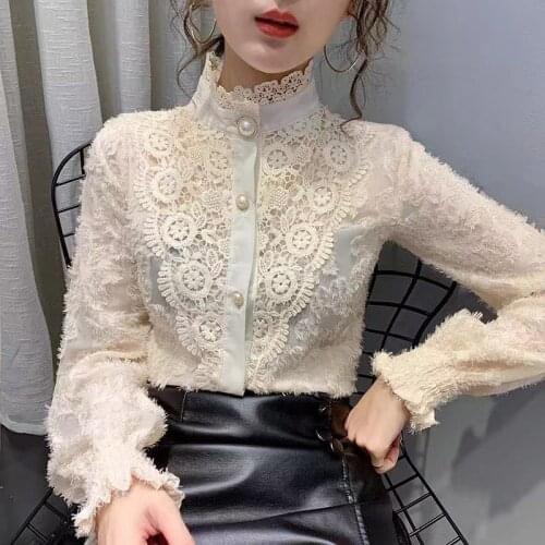 Stand Collar Lace Hook Flower Blouse Women 2020 New Autumn Winter Long Sleeve Single-breasted Elegant Shirt Fashion Bottom Tops