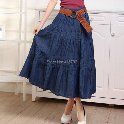 Free Shipping 2020 New Fashion Plus Size Denim Summer Jeans Long Maxi Skirts With hole Elasitc Waist Blue A-line Pleated Skirts