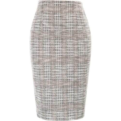 Elegant Skirt Women Tweed Bodycon Skirt Back Split Design High Waist Hips-Wrapped Retro Knee-length Business Penicl Skirt Female