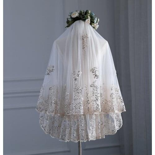 Woman Light Luxury Champagne Sequin Lace Headdress Wedding Veil Head Dress Halloween Princess Cosplay Accessories Two Layers 80C