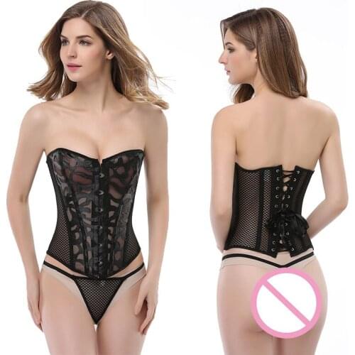 Womens Sexy Lace Up Mesh PU Bustier Undertoob Corset Steel Boned Erotic Bodice Shapewear Tops Lingerie with Thong Set Victorian